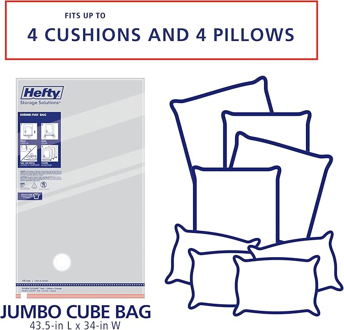 Hefty Shrink-Pak Vacuum Storage Bags – For Clothes, Pillows, Towels, Blankets & More – Space Saver Vacuum Suction Sealer Bags for Home or Travel – 4 Jumbo Cubes, 43.5 x 34 x 18 Inches-NeatNest