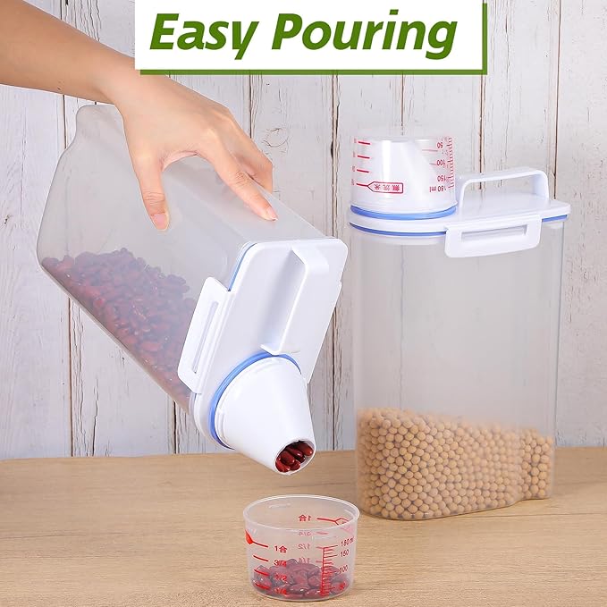 3 Pcs Rice Storage Containers (4 Lbs / 2 Kg Each) – Airtight BPA-Free ABS Plastic Dispenser with Measuring Cup & Pour Spout for Rice, Cereal, Pet Food, and More (Blue + Clear)