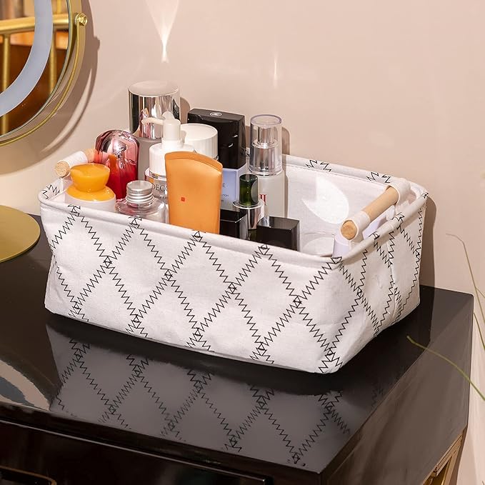 Decorative Collapsible Rectangular Fabric Storage Bin Organizer Basket with Wooden Handles for Clothes Storage,12.6x8.7x4.7 inch,White-NeatNest