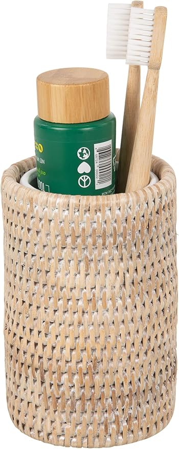 La Jolla Rattan Bathroom Tumbler and Toothbrush Holder (10 fl.oz.), White-Wash