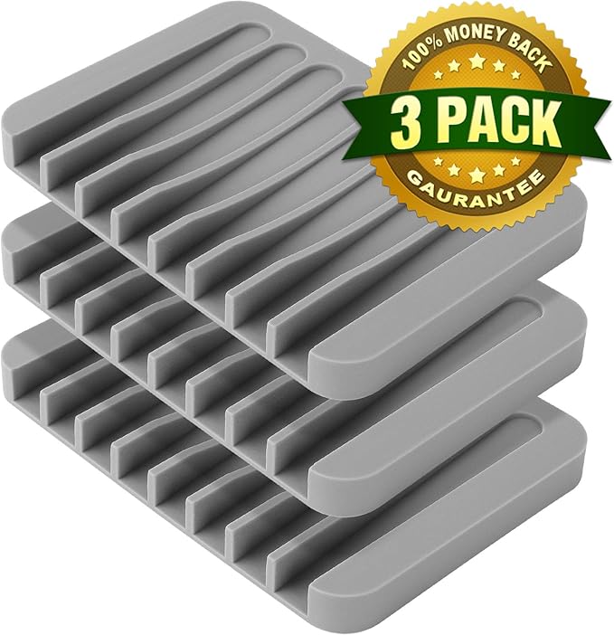Anwenk 3-Pack Soap Holder for Shower Waterfall Drainer - Flexible Silicone for Shower/Bathroom/Kitchen/Counter Top, Keeps Soap Bars Dry & Clean - Easy to Clean - Grey-NeatNest