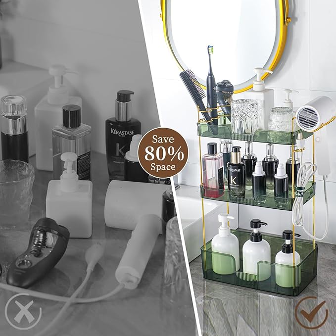 Bathroom Counter Organizer, Large Makeup Organizer Countertop, Shelf Storage, Vanity Tray, Easily Assemble for Bathroom Organizers and Storage, Undersink, Cabinet, 3 Tiers Green-NeatNest