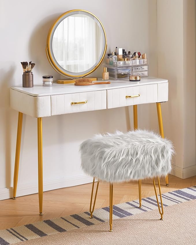 IBUYKE Rectangular Faux Fur Vanity Stool with Storage, Furry Makeup Chair Ottoman, Soft Padded Seat, Round Footrest Footstools with 4 Metal Legs, for Living Room Bedroom Entryway, Gray WBD022G