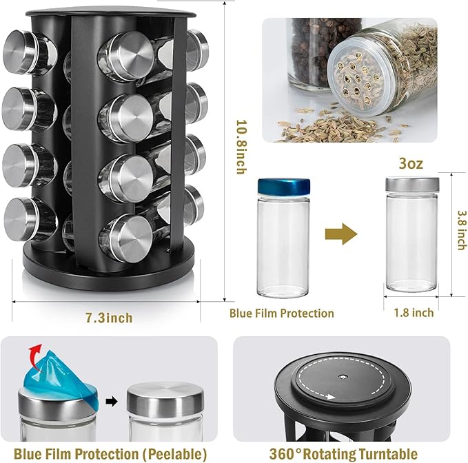 Black Countertop Rotating Spice Rack, 16-Jars Revolving Spice Rack Organizer Tower, 135 Spice Labels with Funnel Complete Set, Seasoning Organizer for Kitchen Countertop, Cabinet-NeatNest