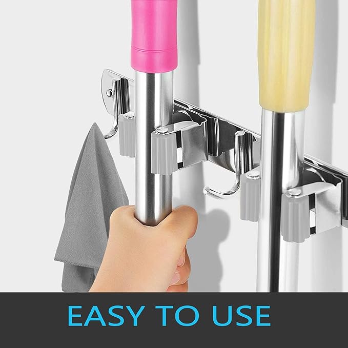 2 Pcs Mop Broom Holder Wall Mounted, Dustpan Holders, Stainless Steel Mop Hangers Organizer, Broom Rack, Utility Hook for Hanging Brooms and Mops(3 Racks 4 Hooks and 2 Racks 3 Hooks)-NeatNest