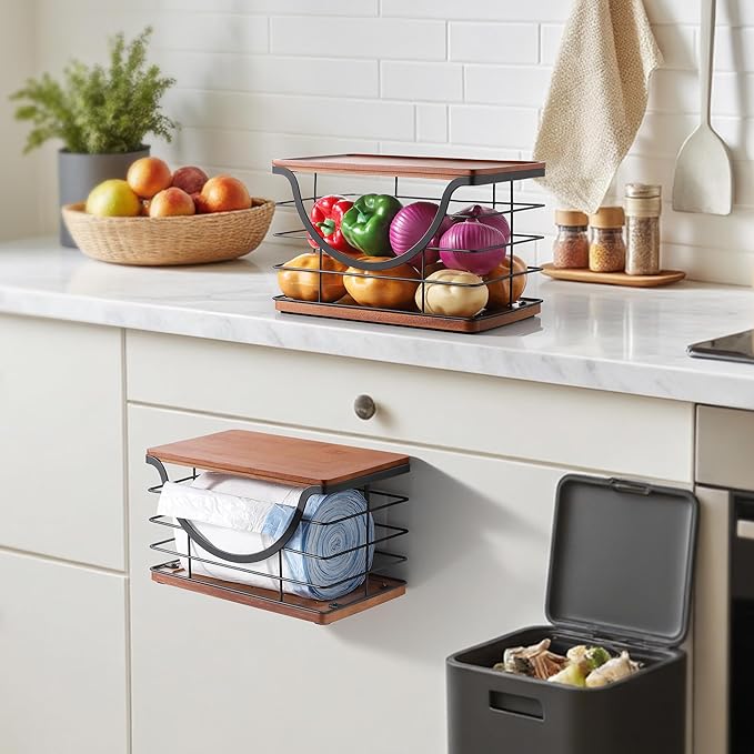 Extra Large Trash Bag Holder Stackable Kitchen Storage, 2 Pack Wall Mounted Pantry Organizers and Storage with Bamboo Top, Garbage Bag Dispenser Under Sink for Laundry Room and Kitchen-NeatNest