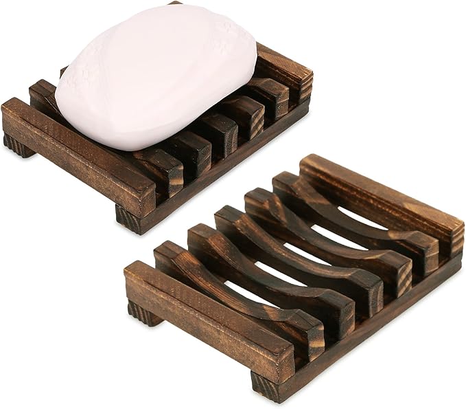 Anwenk Soap Dish Wooden Soap Saver Holder Soap Tray for Bathroom Shower Rectangular Sink Drainer Hand Craft for Soap,Sponges and More (2 Pack)-NeatNest