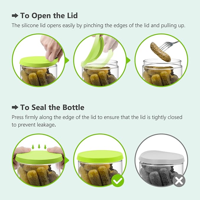 Glass Pickle and Olive Container - 50 OZ Airtight Jar with Strainer for Pickle Lover, Kitchen Organization Must-Have Versatile Food Keeper, BPA Free, Dishwasher Safe (Green Yellow)