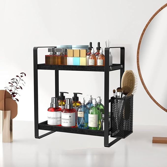 Bathroom Counter Organizer, Wood Vanity Trays with Basket, Skincare Countertop Organizers, Large Capacity Makeup and Perfume Organizer-NeatNest