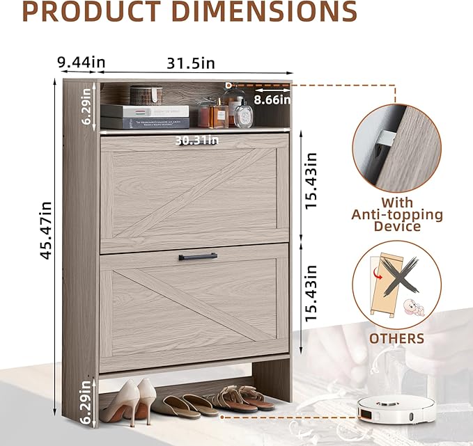 Shoe Storage Cabinet with 2 Flip Drawers,Farmhouse Narrow Shoe Organizer with Legs,Freestanding Hidden Slim Shoe Rack Cabinet with Open Storage for Entryway,Hallway, Foyer, Grey-NeatNest