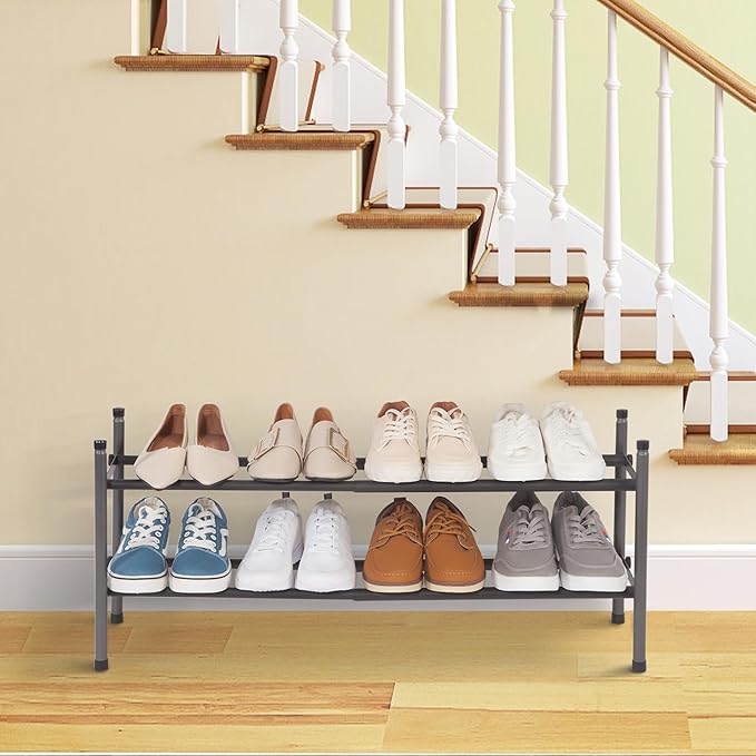 STORAGE MANIAC Expandable Shoe Rack, 8 Pairs Stackable Small Shoe Rack, Metal Adjustable Shoes Organizer for Closet, Entryway, Hallway, Garage, Front Door, Shoes Shelves, Black 2 Tier-NeatNest