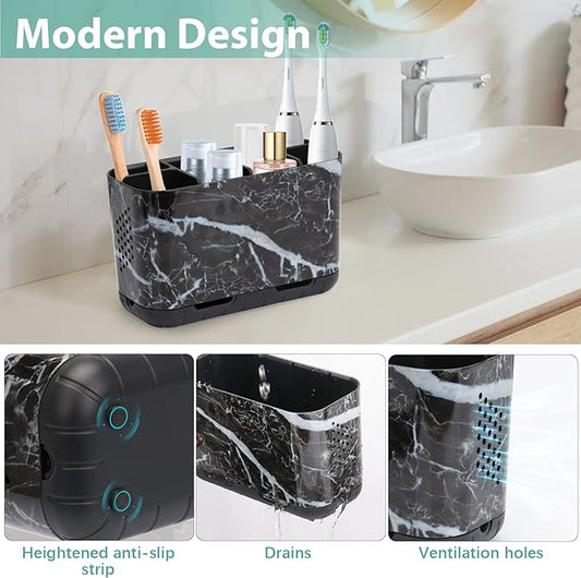 Boperzi Black Toothbrush Holder for Bathroom Toothpaste Organizer Countertop, Detachable Anti-Slip Marble Toothpaste Storage Caddy 6 Slots with Drainage Holes for Makeup Brush Razor Stand-NeatNest