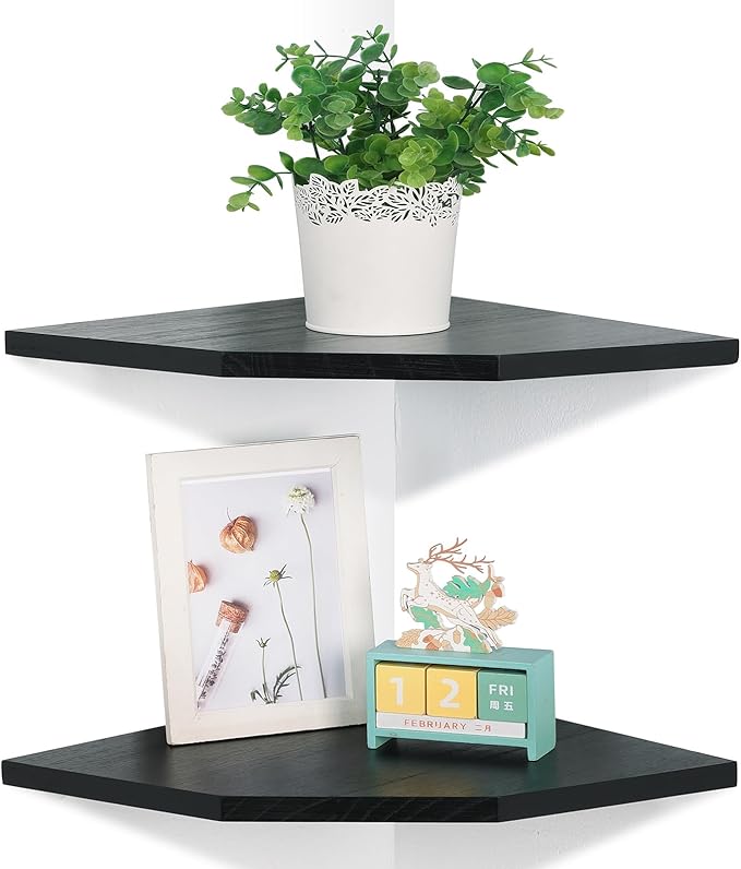 Corner Wall Shelves Set of 2, Rustic Wood Corner Floating Shelves with Cable Raceway, Wall Mount Storage Display for TV Accessories, Baby Monitor, Speaker, Cable Box (Black, Diamond- 10 Inch)-NeatNest
