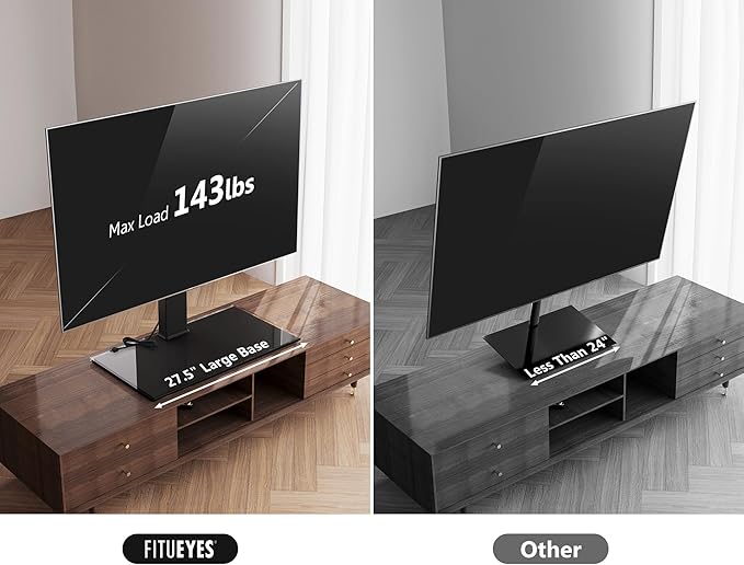 FITUEYES Universal TV Stand with Power Outlets for 50-85 inch TVs, Swivel&Height Adjustable Tall TV Stand for Bedroom Living Room, 27.5''Large Tempered Glass Base Holds up to 143 lbs.