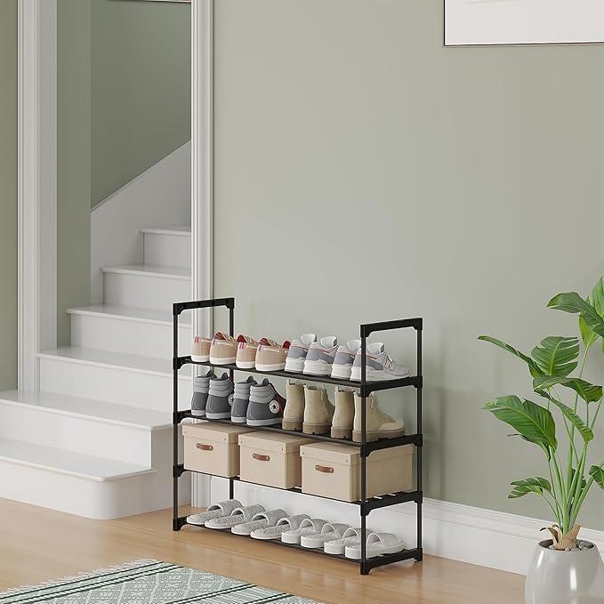 Calmootey 4-Tier Shoe Rack, Tall Large Capacity 20 Pairs Shoes Storage Organizer, Stackable Wide Shoe Shelf for Entryway, Hallway, Black-NeatNest
