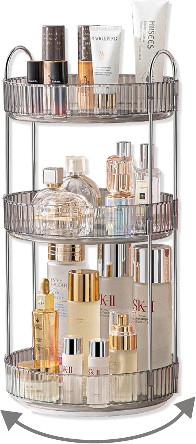 360 Rotating Makeup Organizer,3 Tier Large Capacity Make Up Organizers and Storage,Makeup Organizer for Bathroom,Cosmetic Perfume Stand Organizer(Grey-3 Tier)-NeatNest