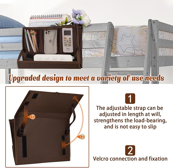 Bedside Storage Organizer with Power Strip Holder and Adjustable Straps Bed Hanging Bag for Home Bunk Bed Dorm Sofa (Brown)-NeatNest