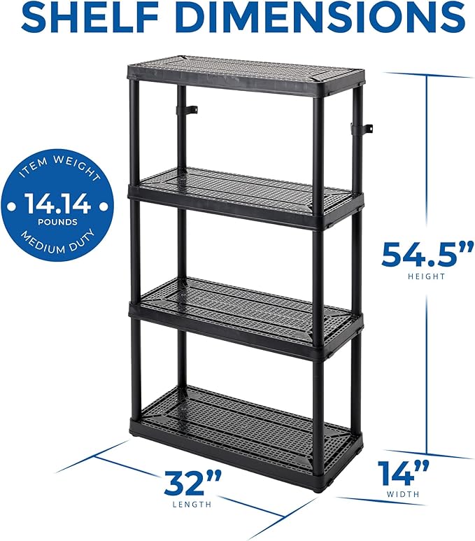 Gracious Living 4 Shelf Fixed Height Ventilated Medium Duty Storage Unit 14 x 32 x 54.5" Organizer System for Home, Garage, Basement, & Laundry, Black