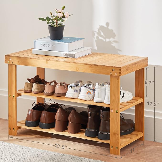 Pipishell 3 Tier Bamboo Shoe Rack Bench - Sturdy Organizer Holds up to 300lbs for Entryway, Bedroom, Living Room, Balcony-NeatNest