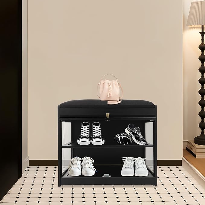 Eapmic Shoe Storage Bench, Entryway Shoe Rack Bench with Padded Seat Cushion, 2-Tier Shoe Cabinet, Bamboo Shoe Organizer for Hallway Bedroom Living Room Front Door (Black, 19.69 * 12.6 * 17.32in)