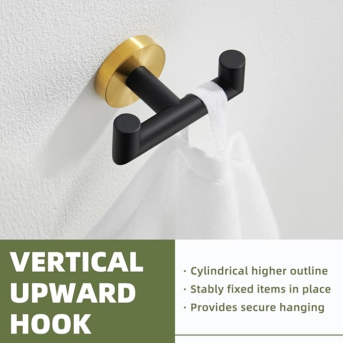 APLusee Black Gold Double Towel Hook, Stainless Steel Robe Hook for Bathroom, Wall Mounted