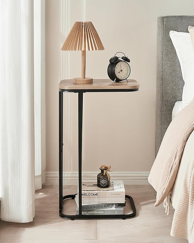 C Shaped End Table, 27 Inches High Small Side Table for Sofa and Bed, Couch Table That Slides Under, Tall Tv Tray Table for Living Room, Bedroom, Metal Frame, Greige & Black