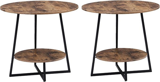 D&H FURNIMMT 20" Living Room Side Table Set of 2 for Small Spaces, 2 Tier Wood Top Round End Tables with Storage Shelf, Accent Sofa Table for Bedroom, Office, Sunroom, Balcony, Rustic Brown/Black-NeatNest