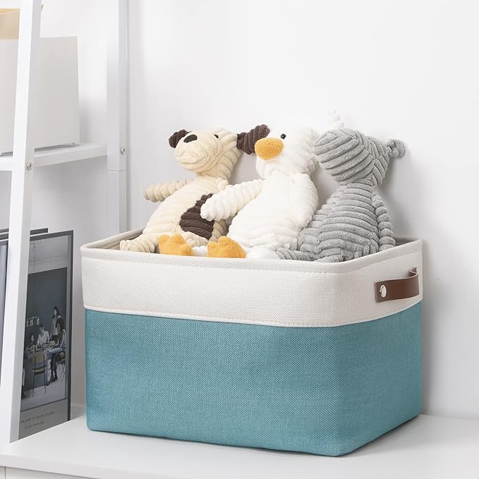 DULLEMELO Fabric Storage Basket for Shelves/Closets, Collapsible Rectangle Basket for Organizing Clothes, Toys, Towels, Books, Laundry, Nursery, Dog Toy Basket Empty (White&Teal)-NeatNest