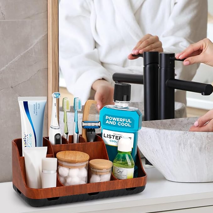 Bathroom Decor and Accessories - Detachable 7 Slots Kids Electric Toothbrush and Toothpaste Holde for Bathroom Tray Countertop Vanity Storage, Bathroom Sink Storage Organizer, Red Wood-NeatNest