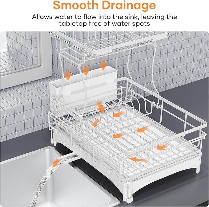 Dish Drying Rack for Kitchen Counter, Extendable Dish Rack with Drainboard, Kitchen Countertop 2 Tier Dish Drying Rack, Expandable Dish Strainer with Cutlery Holder, Removable Cutlery Holder(White)