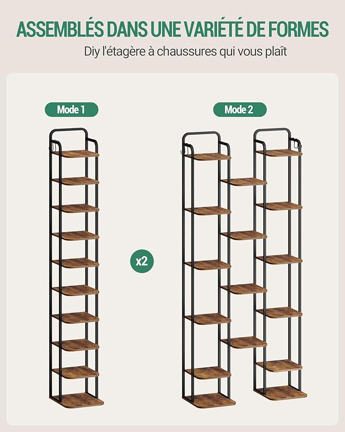 10 Tiers Vertical Shoe Rack, Narrow Shoe Tower, Tall Shoes Shelf with 2 Hooks, Adjustable Shelves, Corner Shoes Shelves for Small Spaces, Entryway, Living Room, Rustic Brown SR11201B-NeatNest