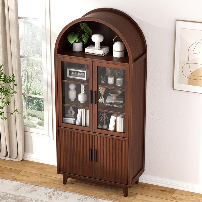 71" Tall Arched Cabinet with Glass Doors, Fluted Pantry Cabinet with Solid Wood Legs, Modern Accent Furniture for Living Room, Kitchen, Dining Room, Entryway, Walnut