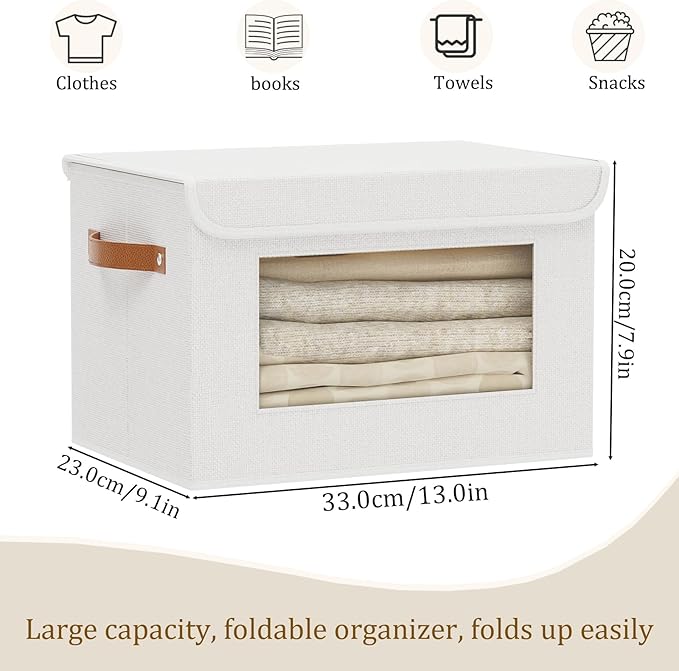 Fabric Storage boxes, 13 x 9.1 x 7.9 inch Blanket Baskets for Shelves with Lids, Cubes with Handles, Decorative Linen Closet Organizers Bins, White, 1-Pack