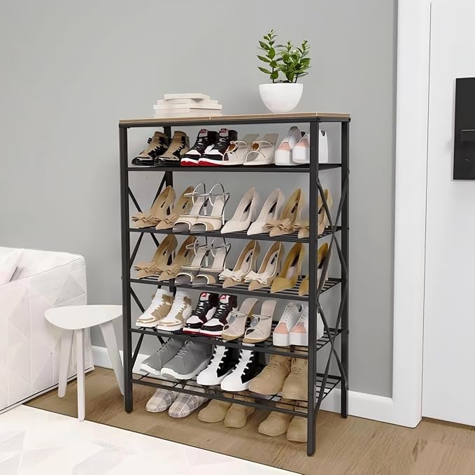 6-Tier Shoe Rack Organizer, Large Capacity Shoe Storage Shelf for Entryway, Closet, Rustic Brown & Black, Metal Mesh Shelves, Holds up to 24 Pairs of Shoes, Easy Assembly, Adjustable Feet-NeatNest
