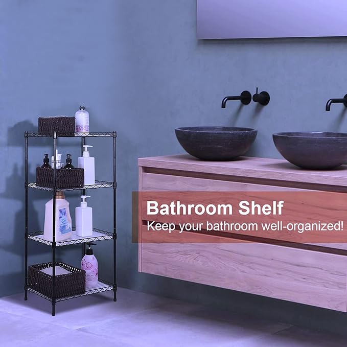 Best 4-Tier Wire Shelving - Black - Heavy Duty Shelf - Kitchen Storage Shelves, Wire Shelving Unit with Baskets Storage Rack Corner Shelf Shelving Adjustable Storage Shelf, 11.8" D x 15.7" W x 47" H-NeatNest