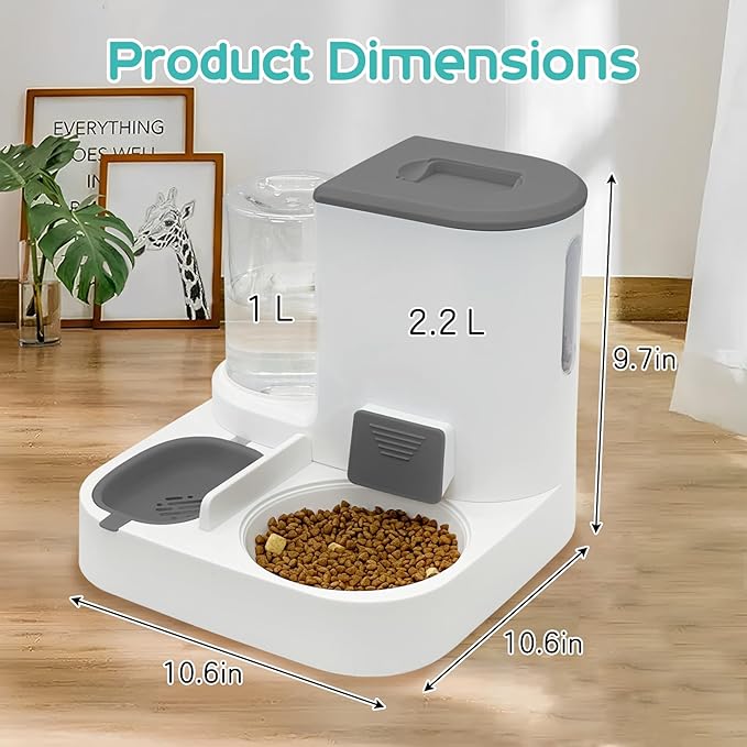 Fhiny Gravity Cat Feeder and Water Dispenser, 2 in 1 Automatic Pet Waterer Detachable Stainless Steel Food Bowls Set Pet Food Storage for Small Dog Puppy Cat Kitten Pet Easy Clean (Grey)-NeatNest