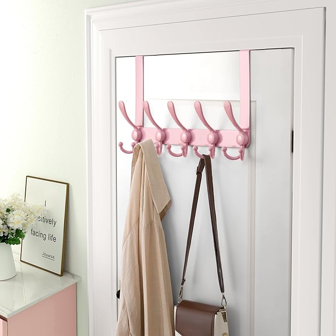Dseap Over Door Hook 2.0 - Upgraded Version - Simple-Assembly, Strong, Heavy-Duty Stainless Steel 5-Tri-Hook Over The Door Hanger Rack, SimpleStrong Series, Pink, Pack of 2