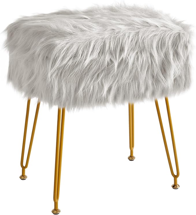 IBUYKE Rectangular Faux Fur Vanity Stool with Storage, Furry Makeup Chair Ottoman, Soft Padded Seat, Round Footrest Footstools with 4 Metal Legs, for Living Room Bedroom Entryway, Gray WBD022G
