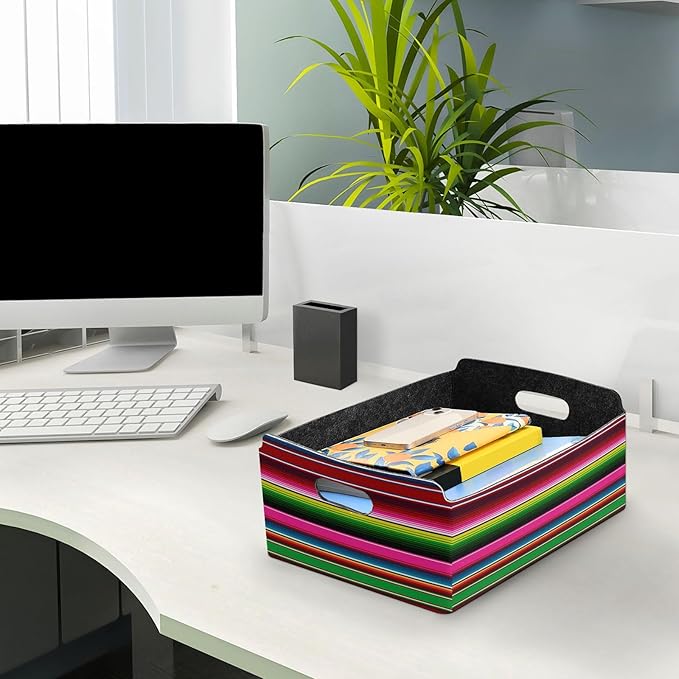 Kigai Mexican Serape Colorful Stripes Storage Basket, Foldable Open Storage Bins with Double Handle, Felt Storage Boxes for Office Desk, Rectangular Closet Organizer Containers for Home Bedroom