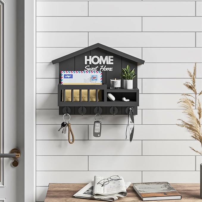 Key and Mail Holder for Wall, Wall Key Holder with Shelf, Home Key Holder for Wall, Wood Black Key Holder Wall Mount, Mail Organizer Wall Mounted, Entryway & Front Door Key Holder with 5 Hooks