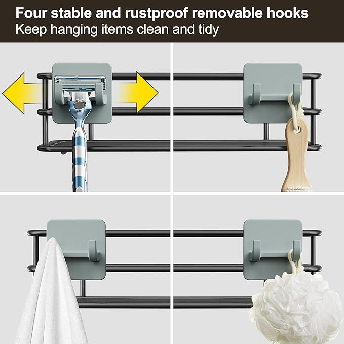 Orimade 4 Tier Adjustable Anti-slip Shower Caddy over Shower Head,Rustproof Bathroom Hanging shower Organizer with 4 Hooks for Razor,No Drilling Shower shelves Storage Rack,Grey