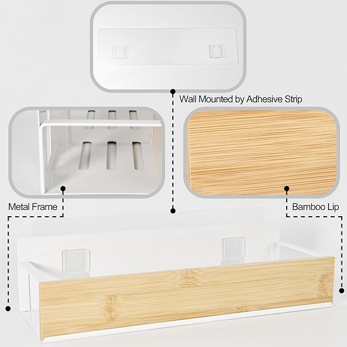 Bathroom Shelves,Wall Mounted Floating Shelf,Over Toilet Storage Shelf,Metal Bamboo Wall Shelves,Home Storage Organizer Essentials for Bathroom/Living Room/Kitchen/Bedroom(White)