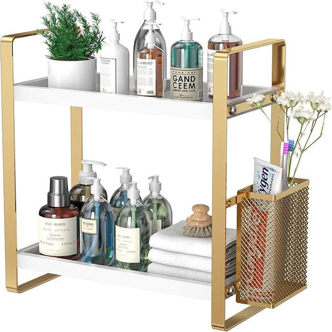 Bathroom Counter Organizer, Wood Vanity Trays with Basket, Skincare Countertop Organizers, Large Capacity Makeup and Perfume Organizer-NeatNest