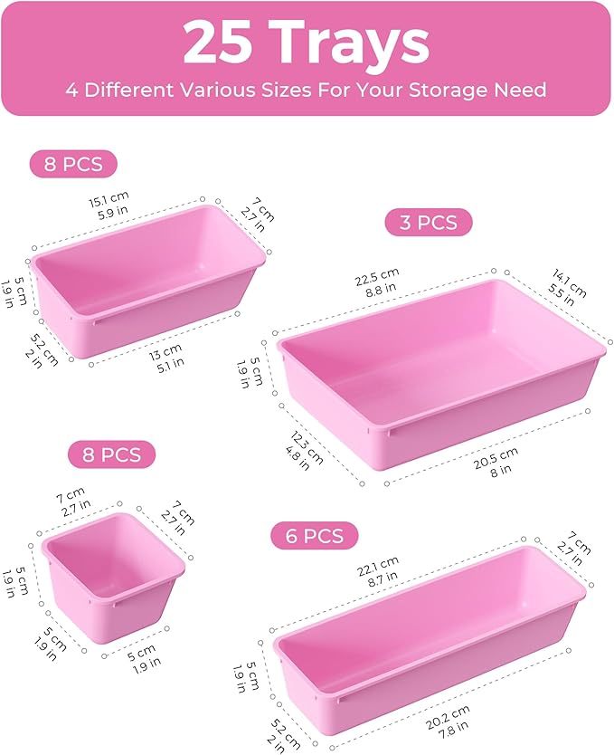 25 PCS Plastic Drawer Organizers Set, 4-Sizes Vanity and Makeup Organizer, Desk and bathroom Drawer Organizer Trays, Organizers and Storage for Makeup, Jewelry, Gadgets, Utensils(Light Purple)-NeatNest