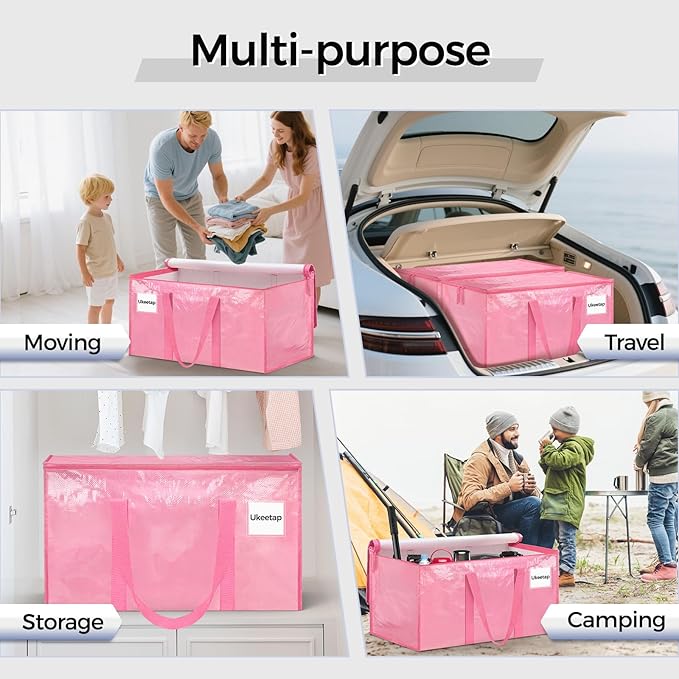 8 Pack Extra Large Heavy Duty Moving Bags, Pink Storage Bins with Lids, Reinforced Handles & Heavy-Duty Zippers Moving Boxes Storage Bags Totes for Clothes Packing, Dorms, College Supplies, Pink