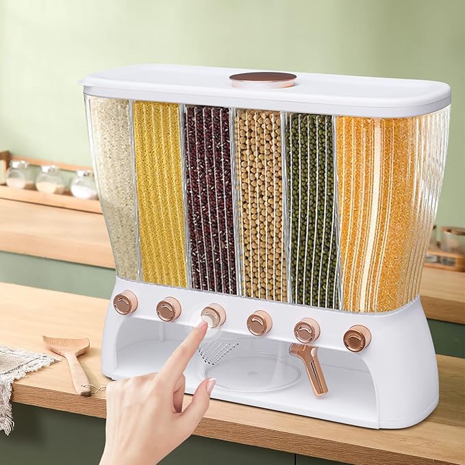 Dry Food Dispenser,Wall mounted 6 Grid Beans Dispenser,Home Rice dispenser Kitchen Storage with Measuring Cup Store Flour,Sugar, Rice, Cereals, Nuts, Beans, Coffee-NeatNest