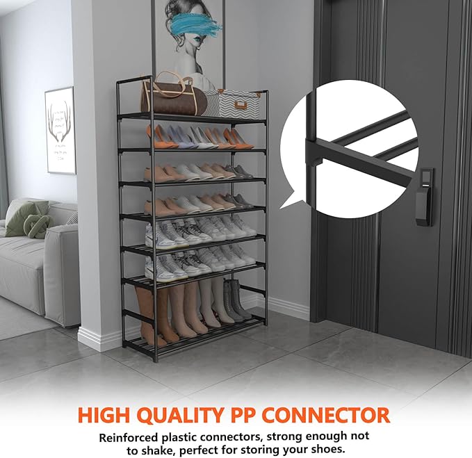 8 Tiers Metal Shoe Rack,Adjustable Shoe Shelf Storage Organizer with Hooks,Stackable Boot & Shoe Storage,for Entryway,Hallway,Closet,Black-NeatNest