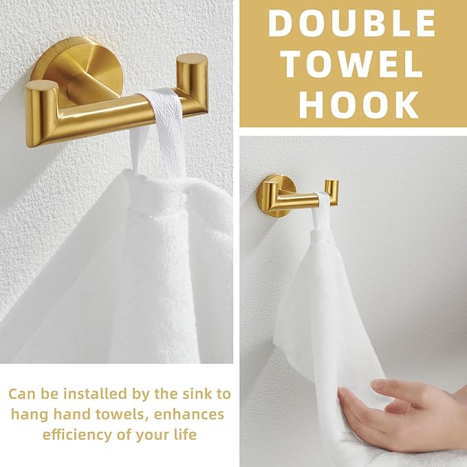 APLusee Brushed Gold Double Hand Towel Hook, 304 Stainless Steel Coat Hanger Luxurious Style, Bathroom Accessories Wall Mounted