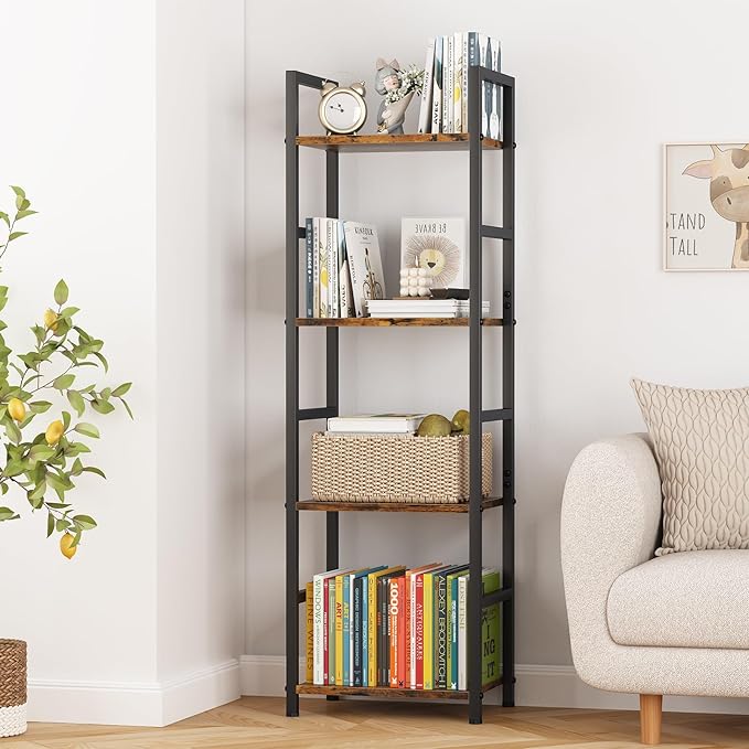4 Tier Bookshelf, Small Book Shelf Industrial Bookcase, Metal Narrow Book Case Book Storage Organizer,Bookshelves for Bedroom Office Living Room(4 Tier,Rustic Brown)