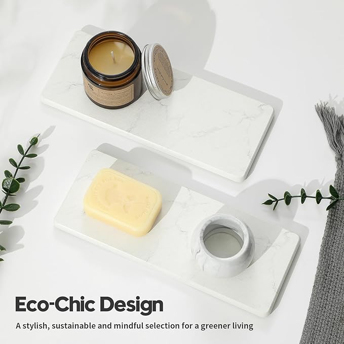 2PCS Diatomite Marble Tray Quick Drying Mat for Kitchen Counter, Water Absorbing Stone Vanity Caddy for Bathroom Sink,Faucet Splash Guard,Soap Dispenser Rack Sponge Holder Organizer, White, 9"x3.5"-NeatNest